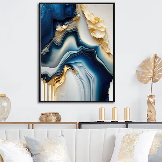 Designart 'Abstract Geode Gold And Blue Marble II' Marble Abstract Framed Canvas Wall Art